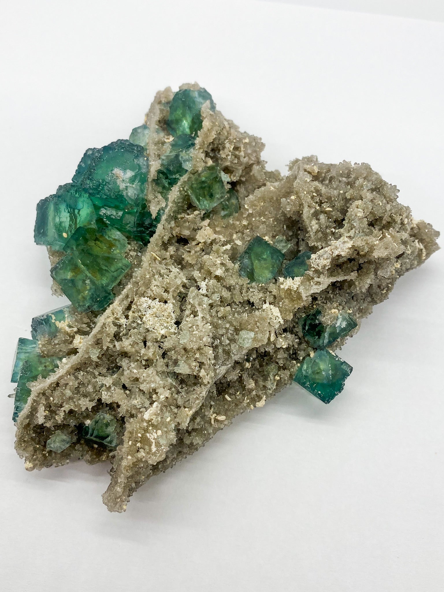 Green Cube Fluorite on Druzy Quartz